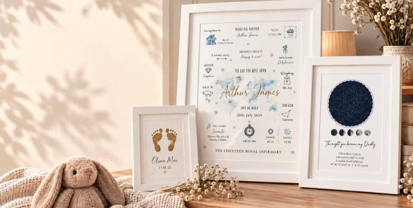 Decorative framed prints and a plush bunny on a wooden surface for nursery decor.
