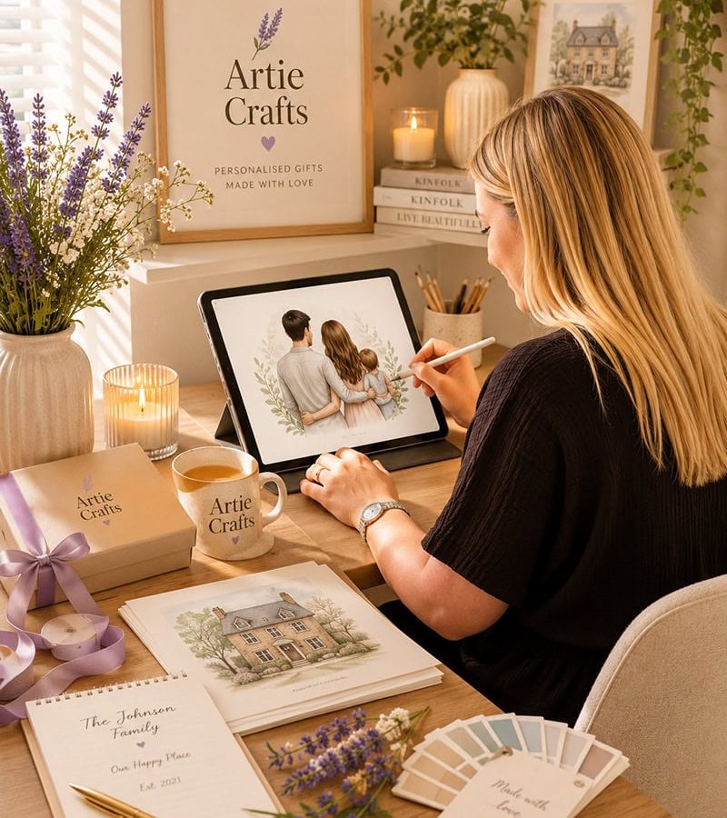 Woman creating personalized art on a tablet at her craft desk.